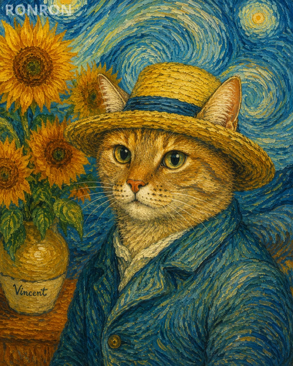 🌻 Le Miaou de Van Gogh – Portrait Félin aux Tournesols